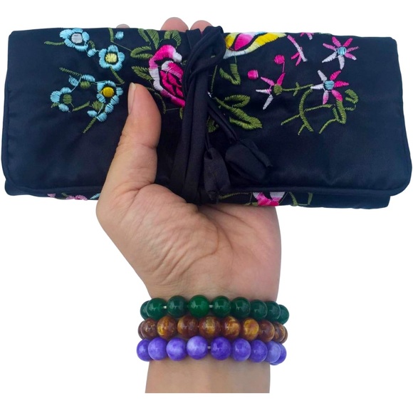 NWOT Gold Fortune Travel Jewelry Silk Embroidery Organizer w/ Tie Close in Black - Picture 1 of 7